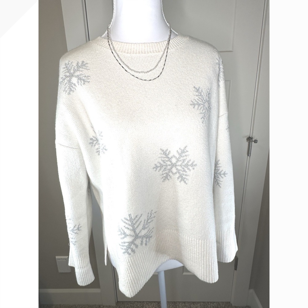LOFT Snowflake Sweater Womens Small Cream Silver Knit Pullover Winter Holiday